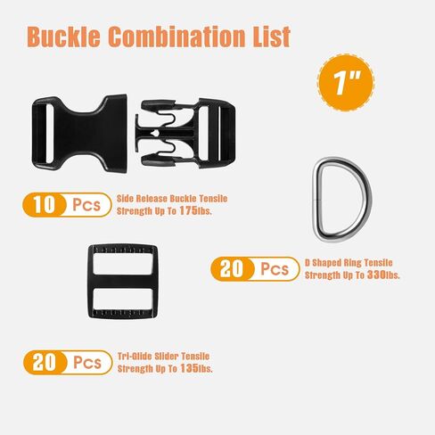 Plastic Buckle clips 10 Set, 1 inch Quick Release Buckle Dual Adjustable 10 Pack, Tri-glide Slide Clip 20 PCS, Metal D Rings 20 PCS, Heavy Duty Strap Buckle for Luggage Pet Collar Backpack Repairing in Saudi Arabia