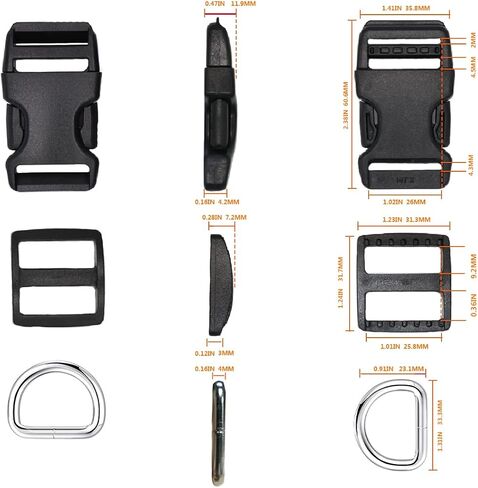 Plastic Buckle clips 10 Set, 1 inch Quick Release Buckle Dual Adjustable 10 Pack, Tri-glide Slide Clip 20 PCS, Metal D Rings 20 PCS, Heavy Duty Strap Buckle for Luggage Pet Collar Backpack Repairing in Saudi Arabia
