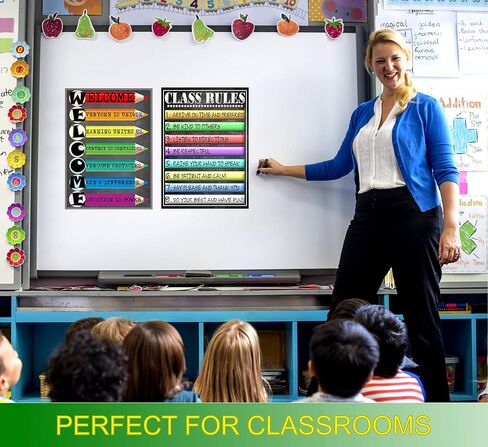 ملصق ترحيب وقواعد الفصل - مغلفة، مقاس 14 × 19.5 انش - ديكورات الفصول الدراسية للعودة إلى المدرسة، ملصقات تعليمية، لوازم المعلمين لرياض الأطفال والابتدائية والثانوية in Kuwait