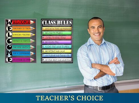 ملصق ترحيب وقواعد الفصل - مغلفة، مقاس 14 × 19.5 انش - ديكورات الفصول الدراسية للعودة إلى المدرسة، ملصقات تعليمية، لوازم المعلمين لرياض الأطفال والابتدائية والثانوية in Kuwait