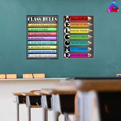 ملصق ترحيب وقواعد الفصل - مغلفة، مقاس 14 × 19.5 انش - ديكورات الفصول الدراسية للعودة إلى المدرسة، ملصقات تعليمية، لوازم المعلمين لرياض الأطفال والابتدائية والثانوية in Kuwait