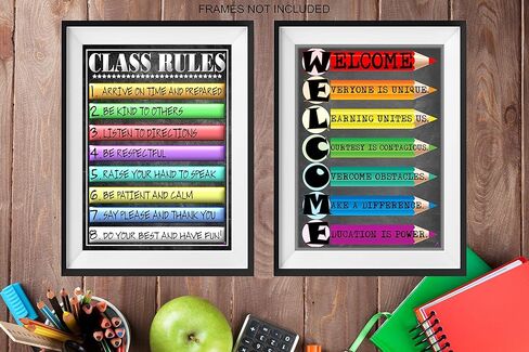 ملصق ترحيب وقواعد الفصل - مغلفة، مقاس 14 × 19.5 انش - ديكورات الفصول الدراسية للعودة إلى المدرسة، ملصقات تعليمية، لوازم المعلمين لرياض الأطفال والابتدائية والثانوية in Kuwait