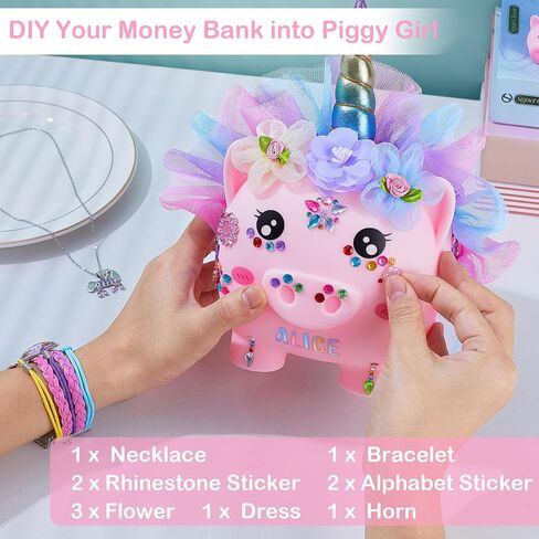 بنك أصبع للفتيات كبير يونيكورن أصبع مع قلادة سوار ملصقات DIY لطيف عملة أصبع غير قابلة للكسر للأطفال الصغار هدايا عيد الميلاد، فستان أزرق أرجواني in Kuwait