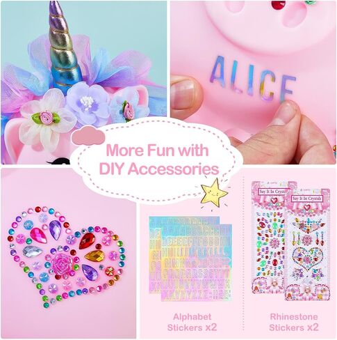 بنك أصبع للفتيات كبير يونيكورن أصبع مع قلادة سوار ملصقات DIY لطيف عملة أصبع غير قابلة للكسر للأطفال الصغار هدايا عيد الميلاد، فستان أزرق أرجواني in Kuwait
