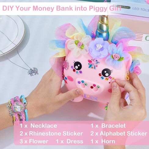 بنك أصبع للفتيات كبير يونيكورن أصبع مع قلادة سوار ملصقات DIY لطيف عملة أصبع غير قابلة للكسر للأطفال الصغار هدايا عيد الميلاد، فستان أزرق أرجواني in Saudi Arabia
