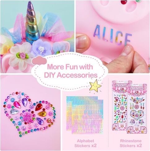 بنك أصبع للفتيات كبير يونيكورن أصبع مع قلادة سوار ملصقات DIY لطيف عملة أصبع غير قابلة للكسر للأطفال الصغار هدايا عيد الميلاد، فستان أزرق أرجواني in Saudi Arabia