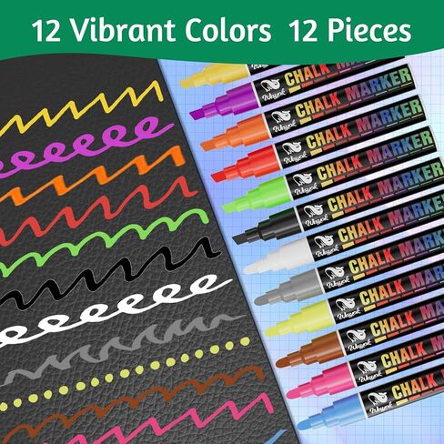 WISYOK Colored Chalk Markers 12 pcs, 12 Color Dry Erase Marker Pens, 6mm for Chalkboards Signs, Car Windows, Blackboards, Glass in Kuwait