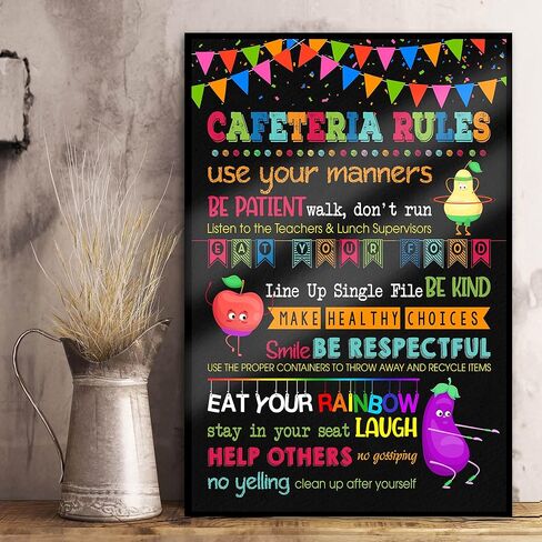 Minitowz School Cafeteria Rules Poster, Lunchroom School Teacher Sign, School Poster, Cafeteria Wall Art, Eat Your Veggie 251 in Kuwait