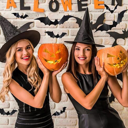 Weenkilly 8pcs Black Halloween Witch Hats with 3D Bats 44Pcs Wall Decor Hanging, Floating Front Porch Yard Indoor Outdoor Hats Decor Party witch hat in Saudi Arabia