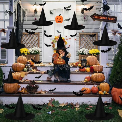 Weenkilly 8pcs Black Halloween Witch Hats with 3D Bats 44Pcs Wall Decor Hanging, Floating Front Porch Yard Indoor Outdoor Hats Decor Party witch hat in Saudi Arabia
