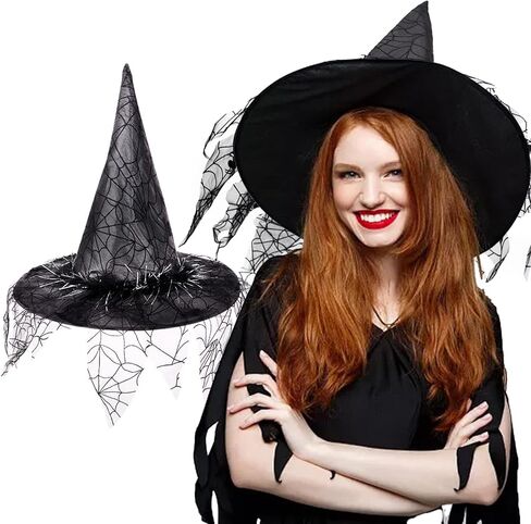 VAQOZASY هالوين قبعة الساحرة خمر معالج قبعة معلقة الأسود المرأة الساحرة شبكة العنكبوت الدانتيل أغطية الرأس زي خوذة in Kuwait
