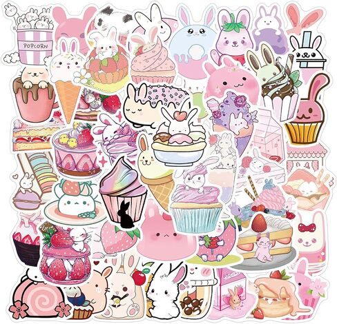 ملصقات أرنب وردي لطيف لزجاجة المياه، 50 قطعة للأطفال والمراهقين والبنات الكرتونية والحلوى وملصقات أرنب الطعام، ملصقات من الفينيل لأجهزة الكمبيوتر المحمول، والمجلات، ودفتر القصاصات، ولوح التزلج in Kuwait