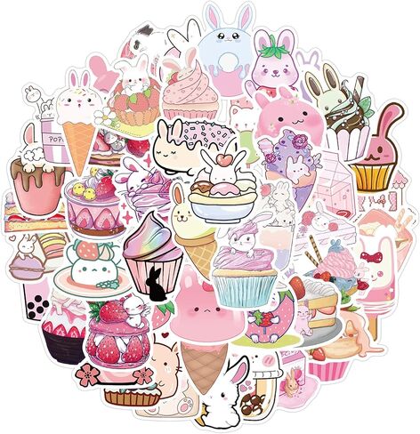 ملصقات أرنب وردي لطيف لزجاجة المياه، 50 قطعة للأطفال والمراهقين والبنات الكرتونية والحلوى وملصقات أرنب الطعام، ملصقات من الفينيل لأجهزة الكمبيوتر المحمول، والمجلات، ودفتر القصاصات، ولوح التزلج in Kuwait