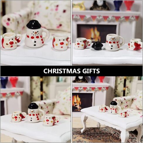 Zerodeko 3pcs عيد الميلاد مجموعات الشاي الصغيرة، المنمنمات دمية السيراميك كوب الشاي نماذج مشهد عيد الميلاد الحلي كوب القهوة الديكور مصغرة دمية الملحقات مجموعة in Kuwait