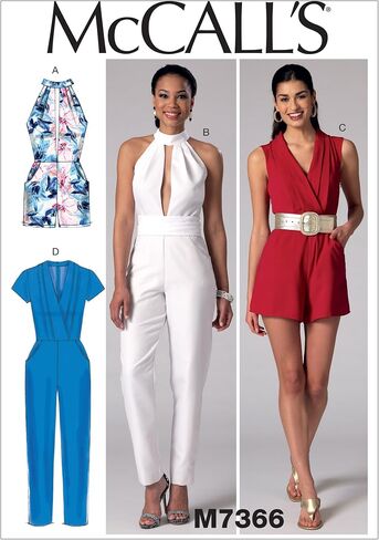 McCall's Patterns M7366 Misses' Pleated Surplice or Plunging-Neckline Rompers, Jumpsuits and Belt, Size A5 (6-8-10-12-14) in Saudi Arabia