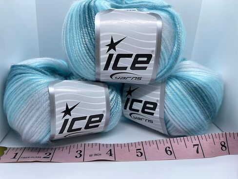 خيوط ثلج بيكاسو 3 عبوات - رغوة البحر - أكوا شاحب، أزرق، أبيض غامض مع لمعان رقيق، 3x125 ياردة (3x115 متر) 3x1.76 أونصة (3x50 جرام) in Kuwait