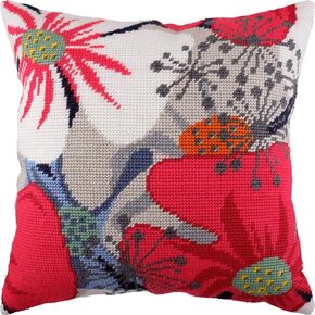 Brvsk Abstract Embroidery Kit for Adults and Beginners — Flowerish Mood 16″ × 16″ with Clear, Precise Printed Design on Cotton Canvas; Includes 2 Needles, Yarn, and Easy-Read Chart