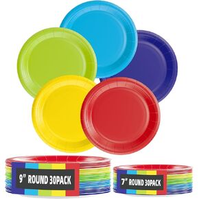 60PCS Colorful Paper Plates Colored Disposable Party Red Yellow Blue Pink Green 7"& 9" Plates for Dinner Dessert Cake Birthday Party Supplies for 30 Guests
