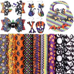 9 Pieces Halloween Faux Leather Sheets, Purple Black Orange Synthetic Leather Sheets Earrings and Bows, Dot Spider Wave Pumpkin Faux Leather Fabric for Halloween DIY Crafts Making Hair Handmade Bag
