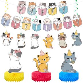 16 Pcs Cat Theme Birthday Party Decorations Party Supplies Kit, Includes Cat Party Banner with 6 Cat Hanging Cutouts 6 Hanging Swirl Decor and 3 Birthday Honeycomb Party Decoration(Cartoon Style)