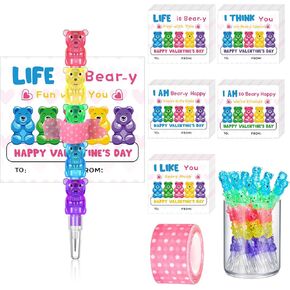 30 Pack Valentine's Day Cards for School Set Include 30 Pcs Valentine's Day Cards 30 Pcs Plastic Stackable Bear Pencils Kids' Pencils with Tape for Kids Classroom School Gift Valentine Exchange Gifts in Saudi Arabia