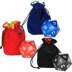 Jumbo DICE 55mm D20 Set _ 1 Black & 1 Red & 1 Blue, with 3 Velveteen Matching- Color Drawstring Pouches, Bundled Items in Kuwait