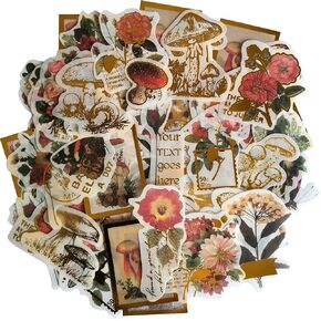 Vintage Washi Sticker Set Floral Rose Flower Mushroom Gold Foil Stickers for Planner Journal Laptop DIY Craft Scrapbooking Calendar Gift Warpping Envelope Sealing DIY Art Craft Letter Envelope