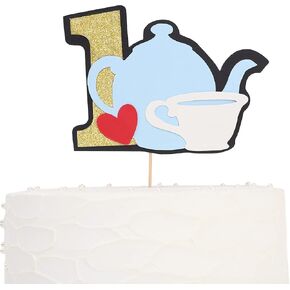 أعلى كعكة عيد الميلاد الأول - كعكة إبريق الشاي أليس مزينة بالأعلام، تزيين كعكة عيد الميلاد الأول لطفلة، تزيين طاولة الحلوى، دعائم الصور، مناسبة جدًا لحفلة عيد ميلاد لفتاة تبلغ من العمر عامًا واحدًا (Alice Teapot CakeTopper) in Kuwait