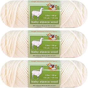 3-Pack Baby Alpaca Wool Blend Yarn Worsted Weight Fashion Collection Art Crafts Crochet and Knitting Sunny Cat Premium Brand (White)