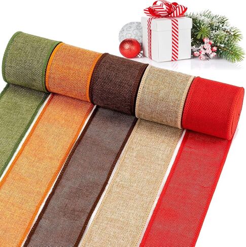 5 Colors Wreath Burlap Ribbon - Total 27 Yards Thanksgiving Day Autumn Wired Edge Ribbon for Gift Wrapping Bows Rustic Crafts Supplies Weddings Holiday Fall Decorations - 2.4in Wide in Kuwait