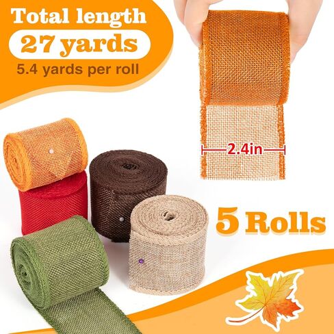 5 Colors Wreath Burlap Ribbon - Total 27 Yards Thanksgiving Day Autumn Wired Edge Ribbon for Gift Wrapping Bows Rustic Crafts Supplies Weddings Holiday Fall Decorations - 2.4in Wide in Kuwait