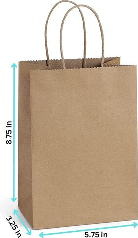 GreenBeanBiz - أكياس ورق كرافت بنية صلبة بمقابض - حجم صغير (5.75x3.25x8.75 بوصة) حقائب هدايا قابلة لإعادة التدوير بنسبة 100% مثالية للشركات الصغيرة، وتجارة التجزئة، والتسوق، والحرف اليدوية، وحفلات أعياد الميلاد (عبوة من 100 قطعة) in Saudi Arabia