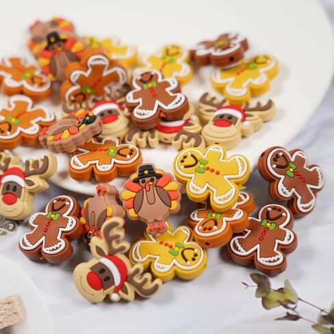 25 قطعة من الخرز البؤري السيليكوني لعيد الميلاد لأحرف الأقلام، خرز بؤري سيليكون مختلط لعيد الميلاد من السيليكون البني لصنع سوار وقلادة سلسلة مفاتيح in Kuwait