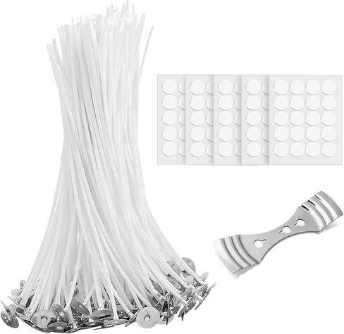 100pcs 6inch Candle Wicks Candle Wick with 1 Candle Wick Holder and 100dots Candle Stickers for Candle Making Pre-Waxed Candle Making Supplies in Kuwait
