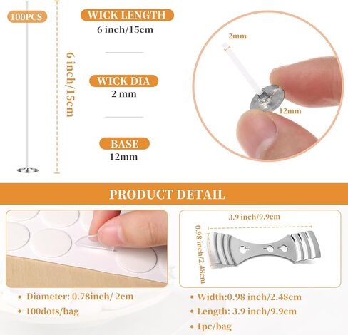 100pcs 6inch Candle Wicks Candle Wick with 1 Candle Wick Holder and 100dots Candle Stickers for Candle Making Pre-Waxed Candle Making Supplies in Kuwait