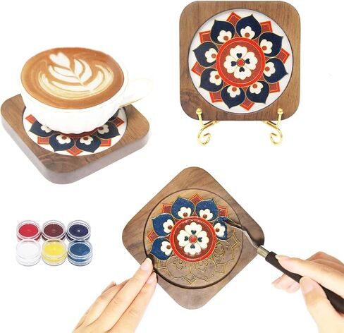 Blauwhim Crafts Coasters Filigree Enamel Folk Art Painting DIY Wood Walnut Coaster for Drinks 2PCS DIY Kit for Adults Teens Elderly Handmade Home Decor Gifts for Families and Friends (Floral) in Kuwait