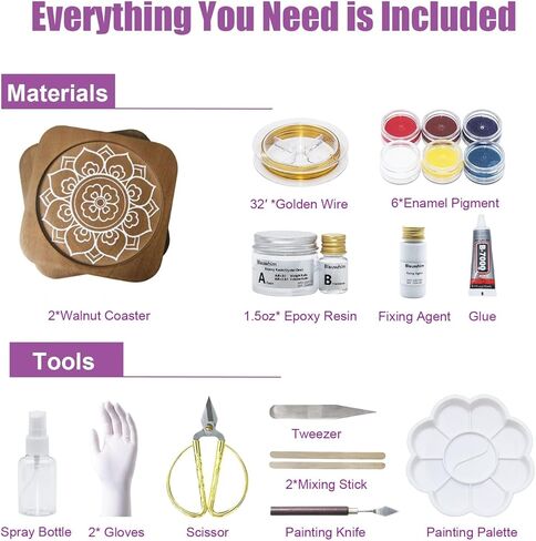 Blauwhim Crafts Coasters Filigree Enamel Folk Art Painting DIY Wood Walnut Coaster for Drinks 2PCS DIY Kit for Adults Teens Elderly Handmade Home Decor Gifts for Families and Friends (Floral) in Kuwait