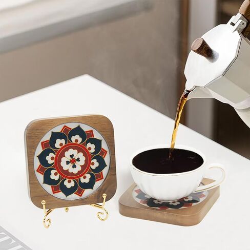 Blauwhim Crafts Coasters Filigree Enamel Folk Art Painting DIY Wood Walnut Coaster for Drinks 2PCS DIY Kit for Adults Teens Elderly Handmade Home Decor Gifts for Families and Friends (Floral) in Kuwait