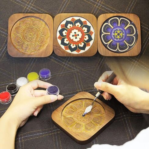Blauwhim Crafts Coasters Filigree Enamel Folk Art Painting DIY Wood Walnut Coaster for Drinks 2PCS DIY Kit for Adults Teens Elderly Handmade Home Decor Gifts for Families and Friends (Floral) in Kuwait