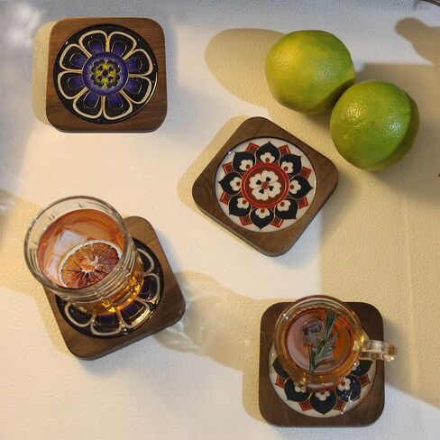 Blauwhim Crafts Coasters Filigree Enamel Folk Art Painting DIY Wood Walnut Coaster for Drinks 2PCS DIY Kit for Adults Teens Elderly Handmade Home Decor Gifts for Families and Friends (Floral) in Kuwait
