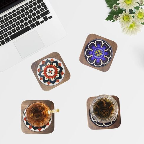 Blauwhim Crafts Coasters Filigree Enamel Folk Art Painting DIY Wood Walnut Coaster for Drinks 2PCS DIY Kit for Adults Teens Elderly Handmade Home Decor Gifts for Families and Friends (Floral) in Kuwait