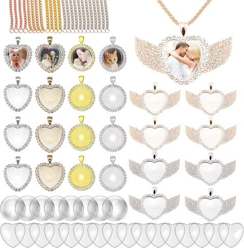 مجموعة قلادة على شكل قلب مكونة من 72 قطعة من حجر الراين من Aulufft، 24 صينية قلادة على شكل قلب دائري ملون يمكنك صنعها بنفسك مع 24 سلسلة مشبك على شكل جراد البحر و24 كبوشن زجاجية لصنع الحرف اليدوية in Kuwait