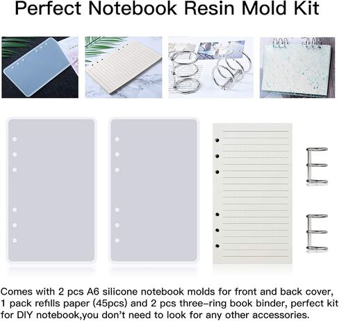 8 PCS Full-Featured Notebook Resin Casting Molds Kit,Include 2 PCS A6 Silicone Molds for Resin Book Cover, 4 Pcs Three-Ring Book Binder Rings,2 Pack Refill Paper,Perfect Kit for DIY Epoxy Resin in Kuwait