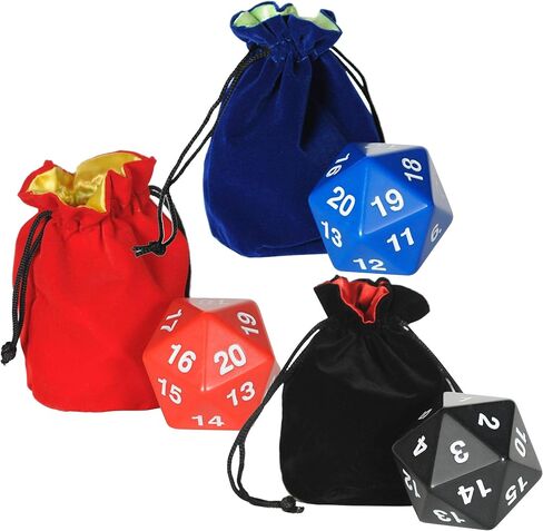 Jumbo DICE 55mm D20 Set _ 1 Black & 1 Red & 1 Blue, with 3 Velveteen Matching- Color Drawstring Pouches, Bundled Items in Kuwait