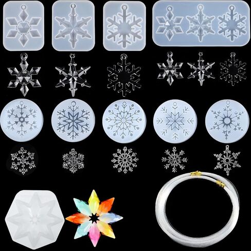 10 Pieces Christmas Snowflake Resin Molds with 50m Nylon Rope, Christmas Silicone Mold DIY Resin Casting Mould for Christmas Decorations and Xmas Crafts Necklace Earrings Pendants in Saudi Arabia