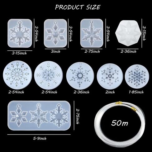 10 Pieces Christmas Snowflake Resin Molds with 50m Nylon Rope, Christmas Silicone Mold DIY Resin Casting Mould for Christmas Decorations and Xmas Crafts Necklace Earrings Pendants in Saudi Arabia