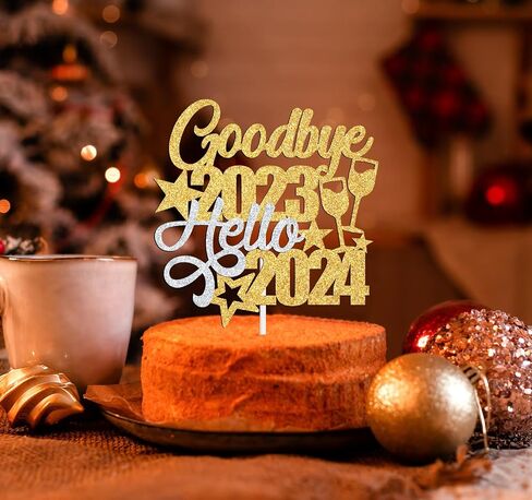 غلاف الكيك Goodbye 2023 Hello 2024، مرحبًا بكم 2024/سنة جديدة سعيدة، ليلة رأس السنة الجديدة/الكريسماس/مستلزمات تزيين حفلات الأعياد السعيدة، لامع فضي وذهبي in Saudi Arabia