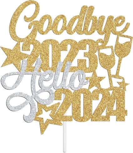 غلاف الكيك Goodbye 2023 Hello 2024، مرحبًا بكم 2024/سنة جديدة سعيدة، ليلة رأس السنة الجديدة/الكريسماس/مستلزمات تزيين حفلات الأعياد السعيدة، لامع فضي وذهبي in Saudi Arabia