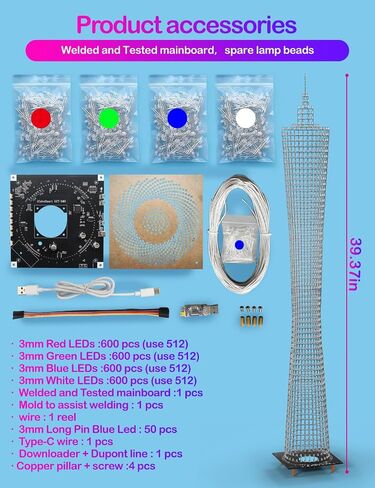 iCubeSmart Led Canton Tower Model DIY Electronic Kit, LED Cube Model Handmade Soldering Project Kit, 64 LED Circles, Height 1 Meter. (GZT-64) in Kuwait