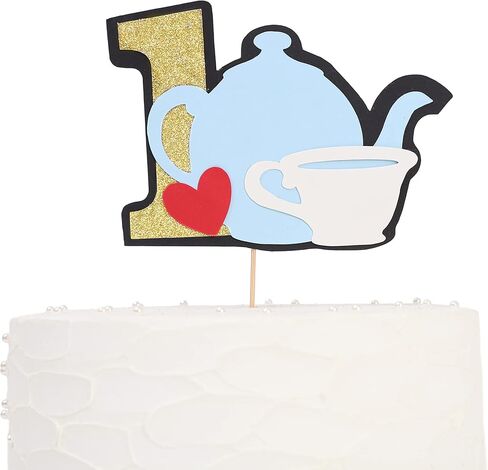 أعلى كعكة عيد الميلاد الأول - كعكة إبريق الشاي أليس مزينة بالأعلام، تزيين كعكة عيد الميلاد الأول لطفلة، تزيين طاولة الحلوى، دعائم الصور، مناسبة جدًا لحفلة عيد ميلاد لفتاة تبلغ من العمر عامًا واحدًا (Alice Teapot CakeTopper) in Kuwait